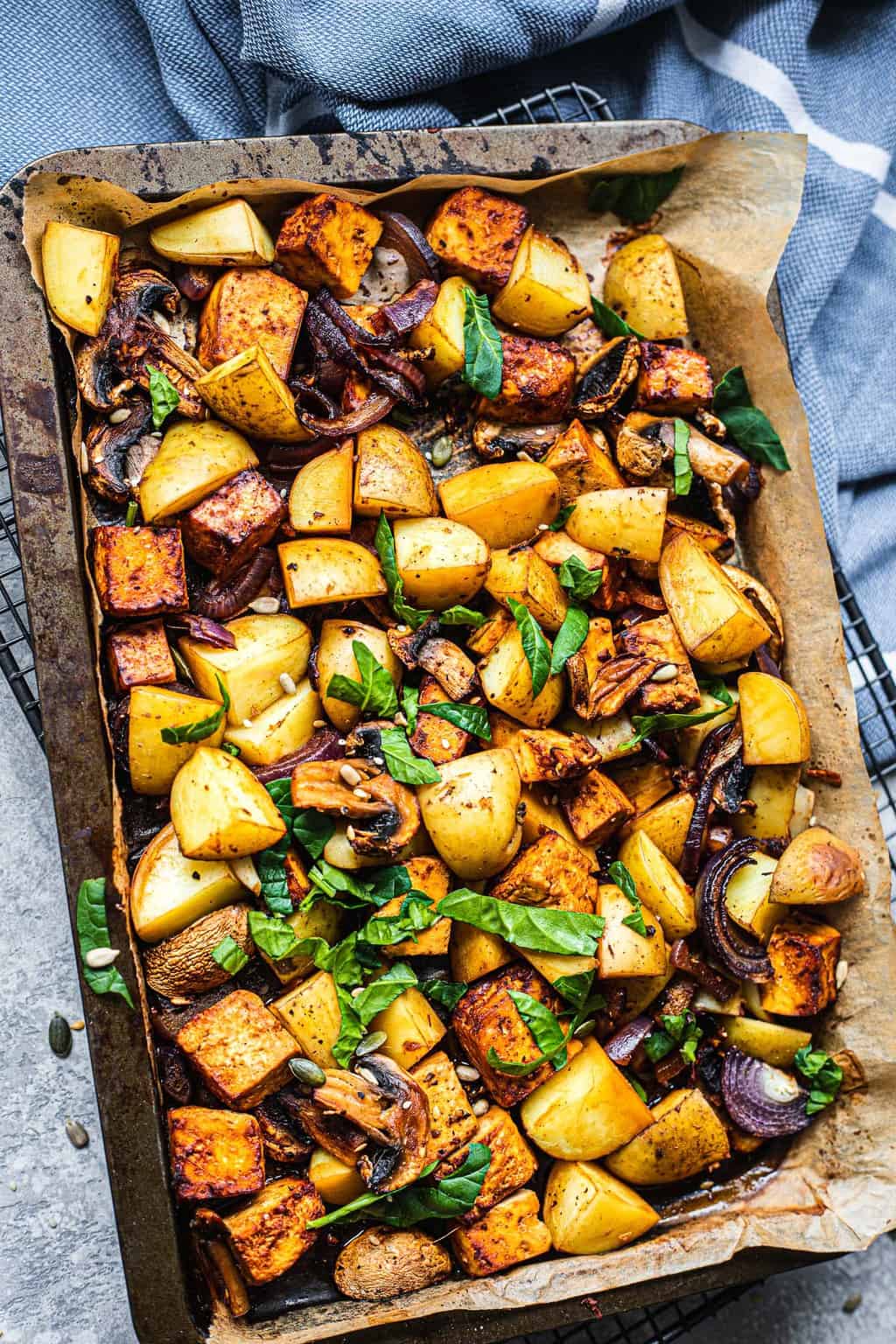 Sheet pan meal with potatoes and tofu