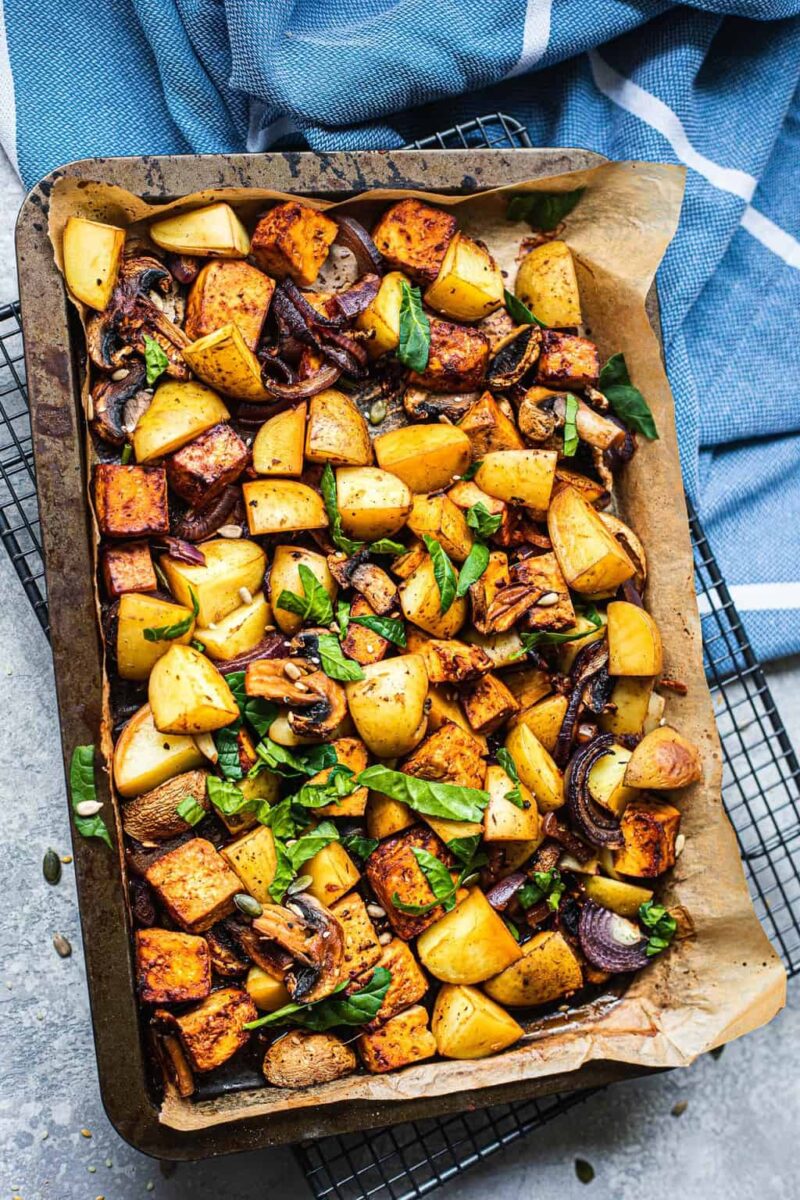 Vegan sheet pan potatoes and tofu