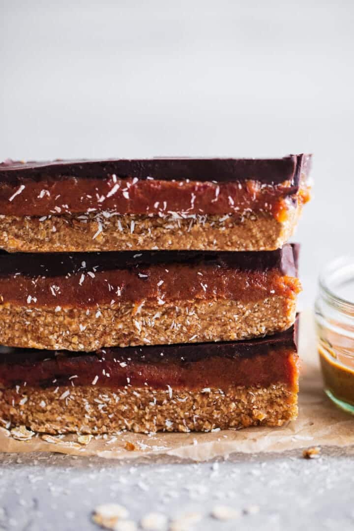 Vegan snack bars with caramel and chocolate