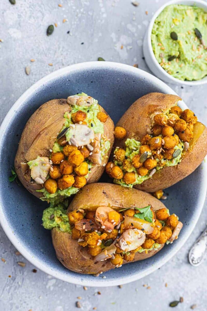 Bowl with vegan baked potatoes