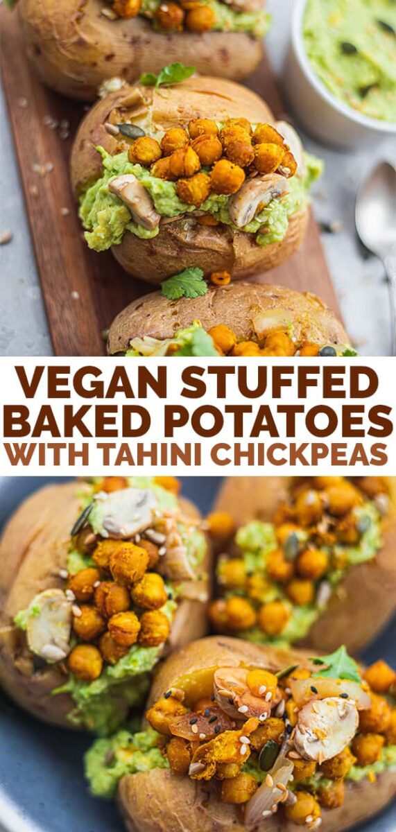 Vegan stuffed baked potatoes with tahini dressing