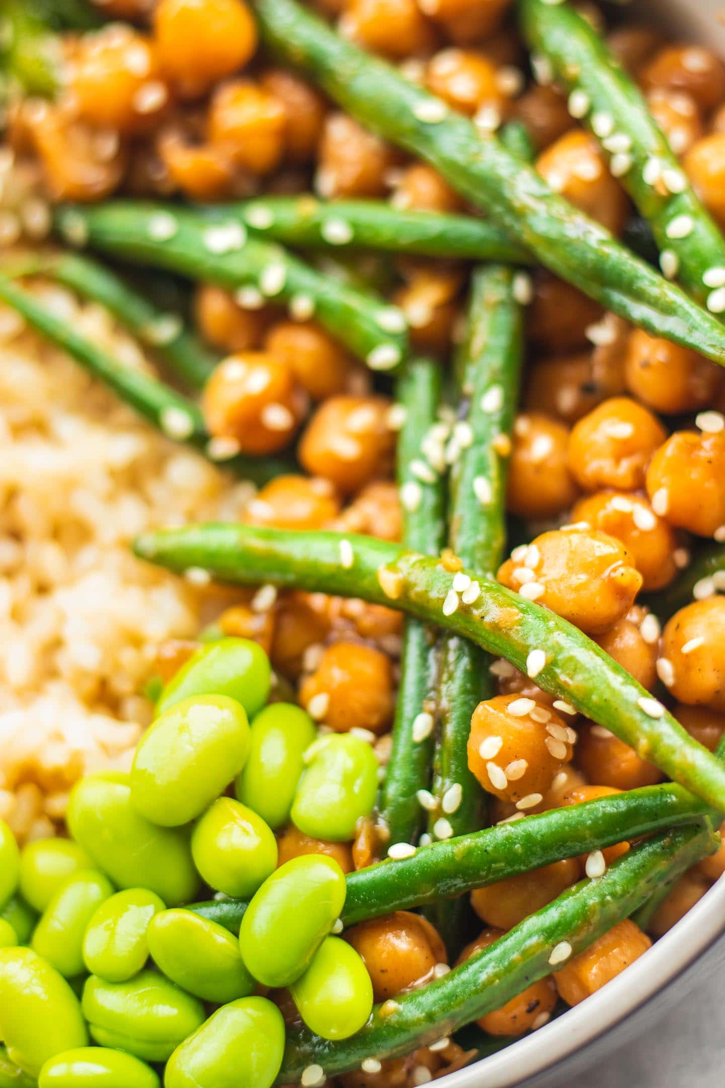 Closeup of sweet and sour chickpeas and green beans