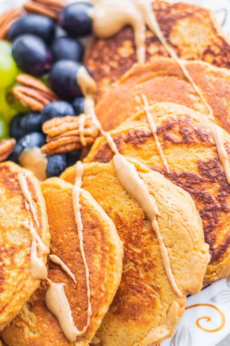 Plate with pancakes and peanut butter