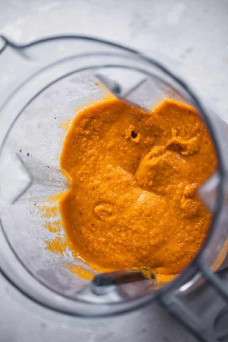 Vegan sweet potato soup in a blender