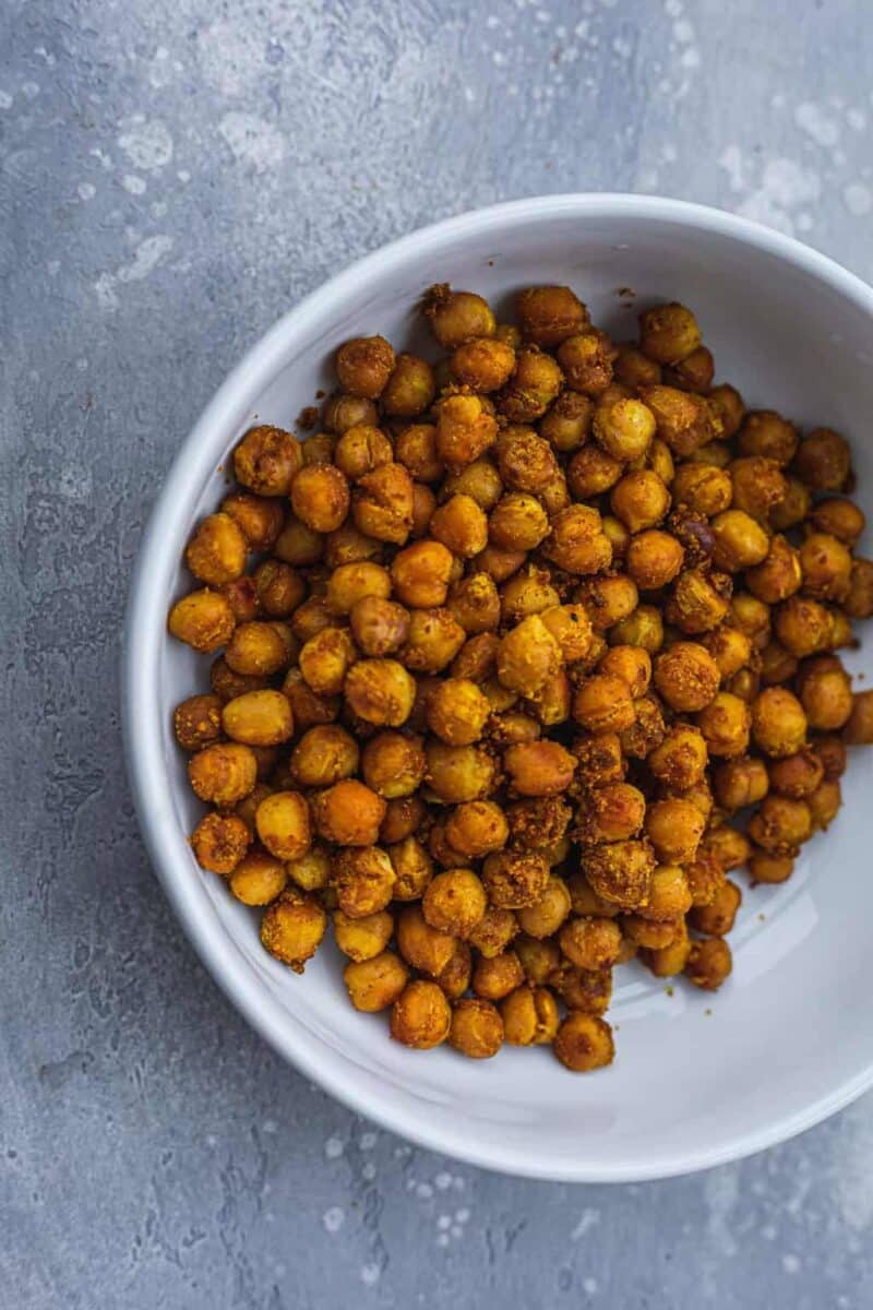 Vegan roasted chickpeas in a white bowl