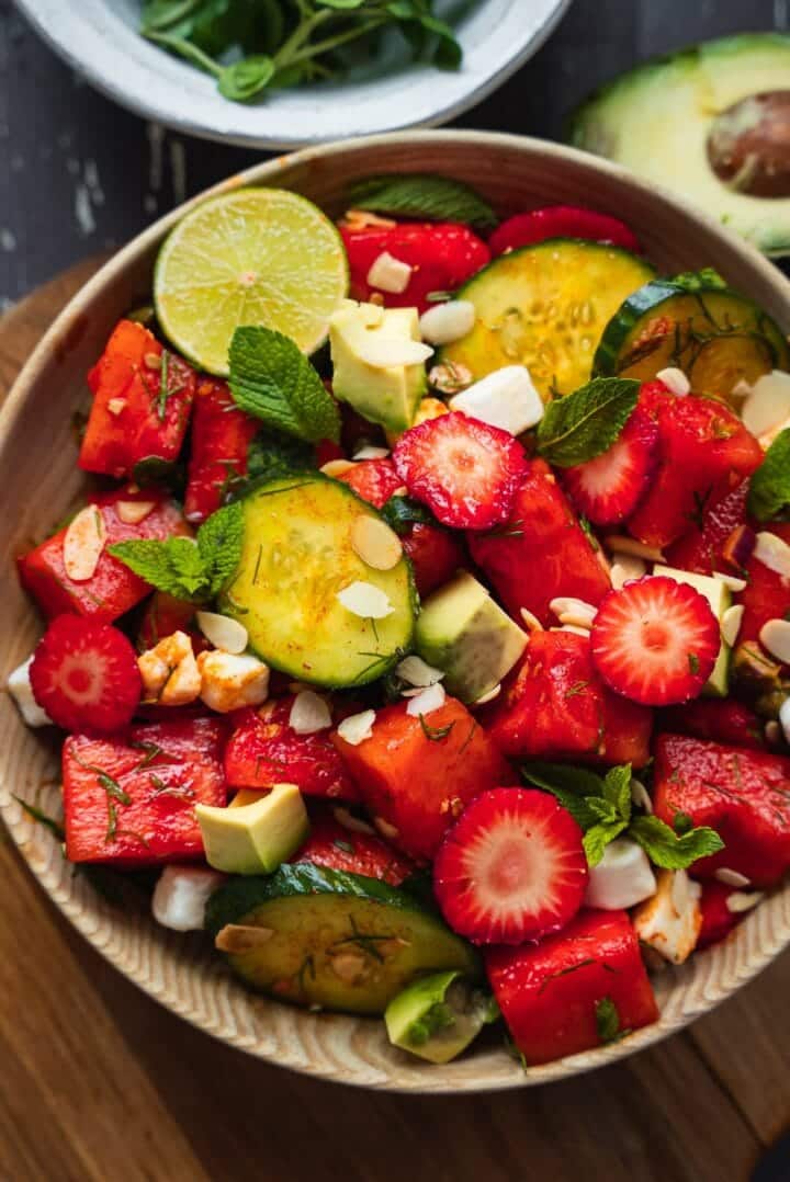 Vegan watermelon salad with cucumber and strawberries-10