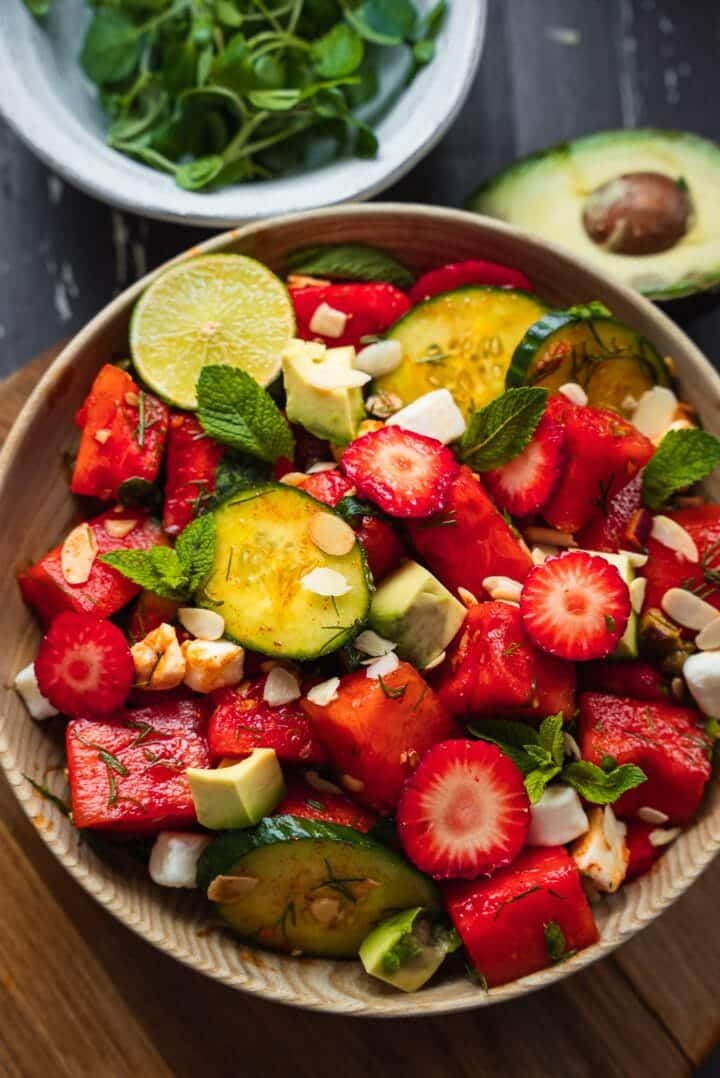 Vegan watermelon salad with cucumber and strawberries-8