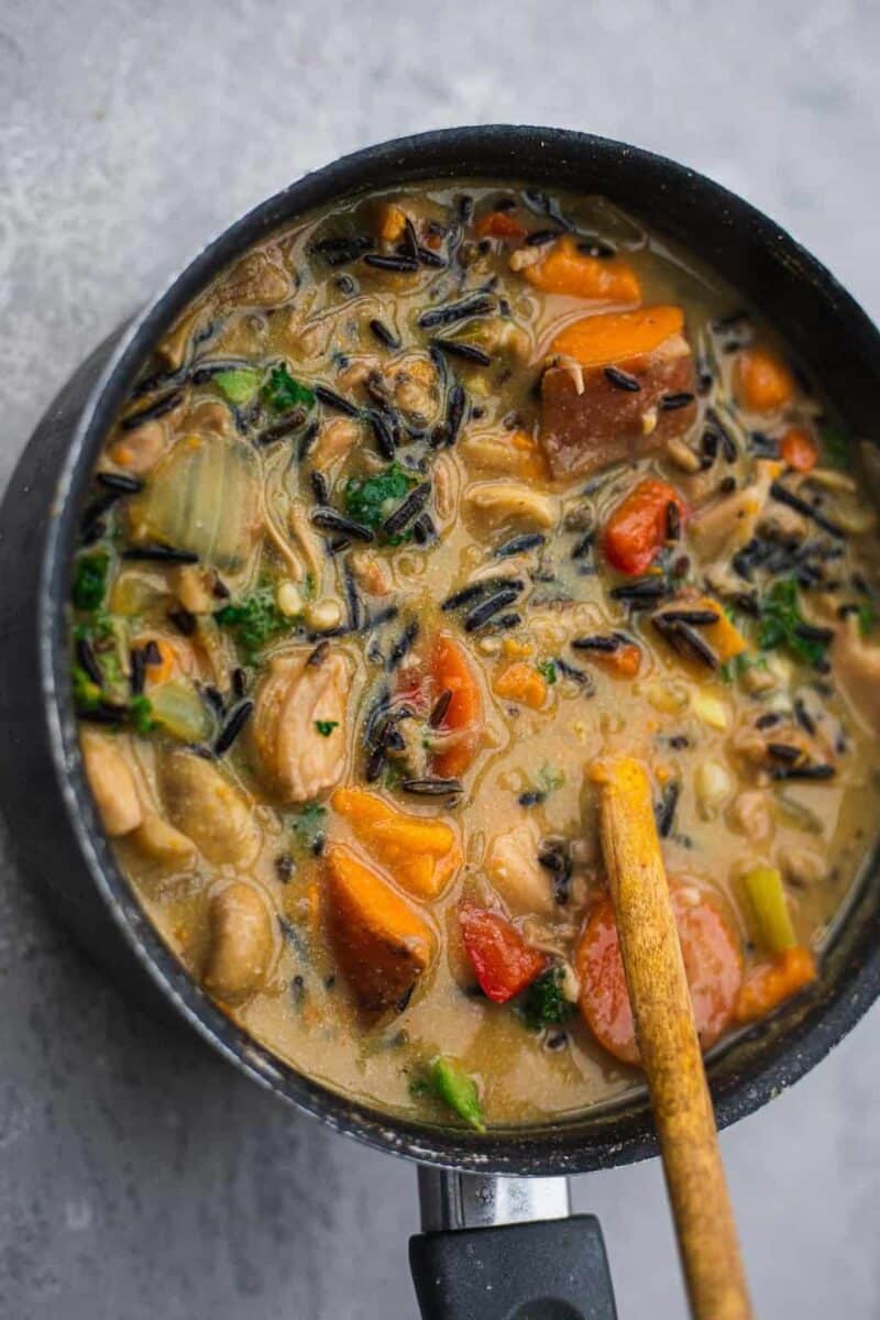 Saucepan with creamy vegan vegetable soup