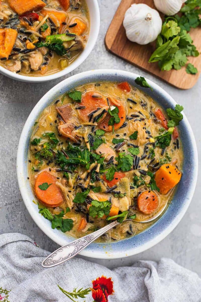 Bowl with vegan wild rice soup
