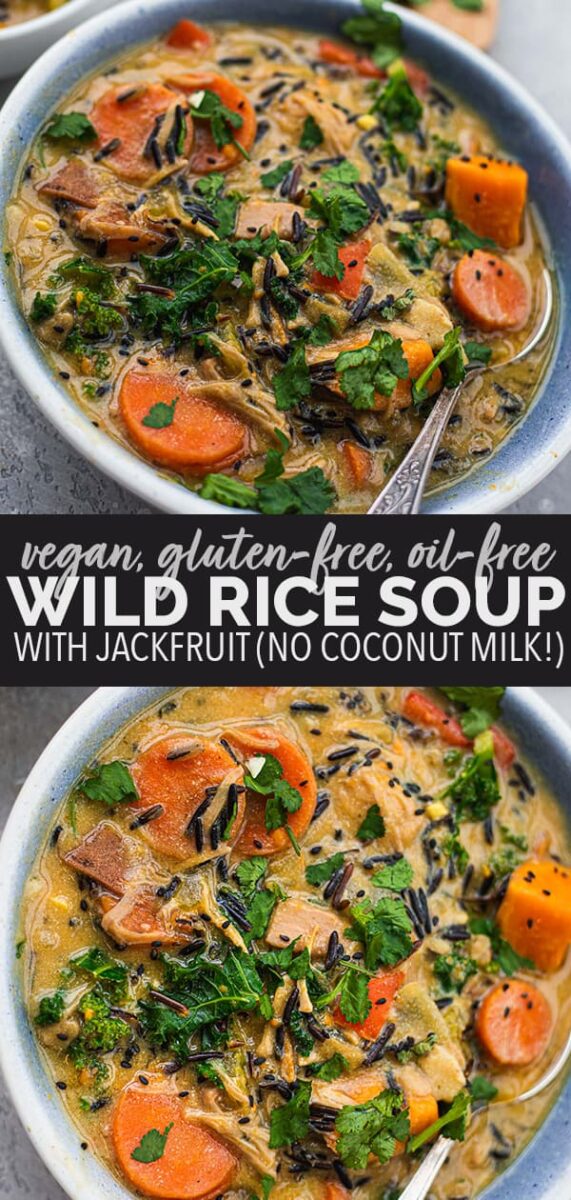 Vegan wild rice soup with jackfruit