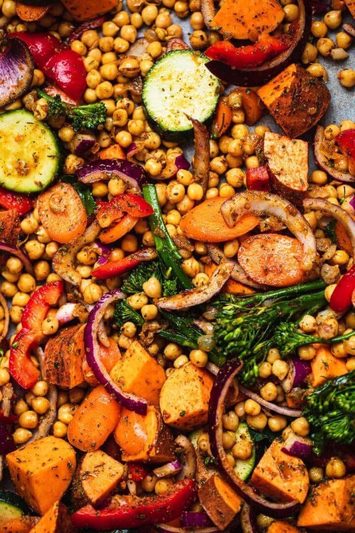 Vegetables and chickpeas on a baking tray