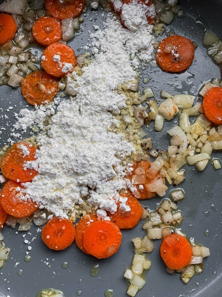 Vegetables and tapioca flour in a frying pan