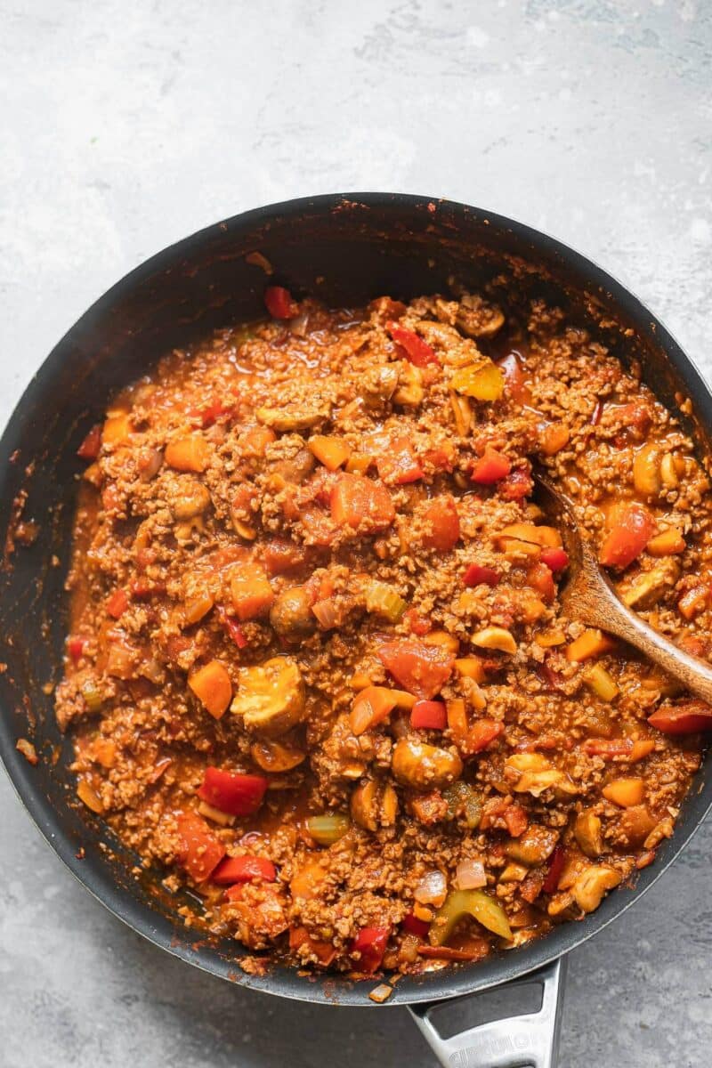 Vegetarian Bolognese sauce in a large pan