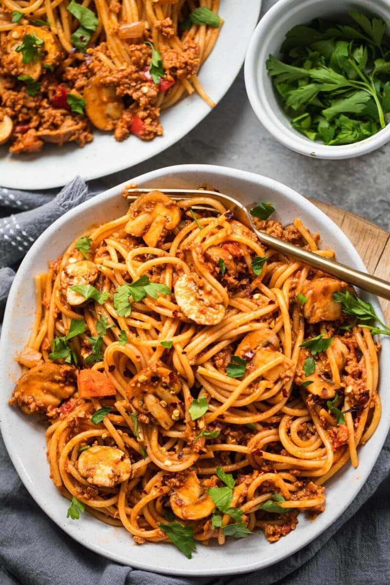 Vegetarian Bolognese with spaghetti in a bowl