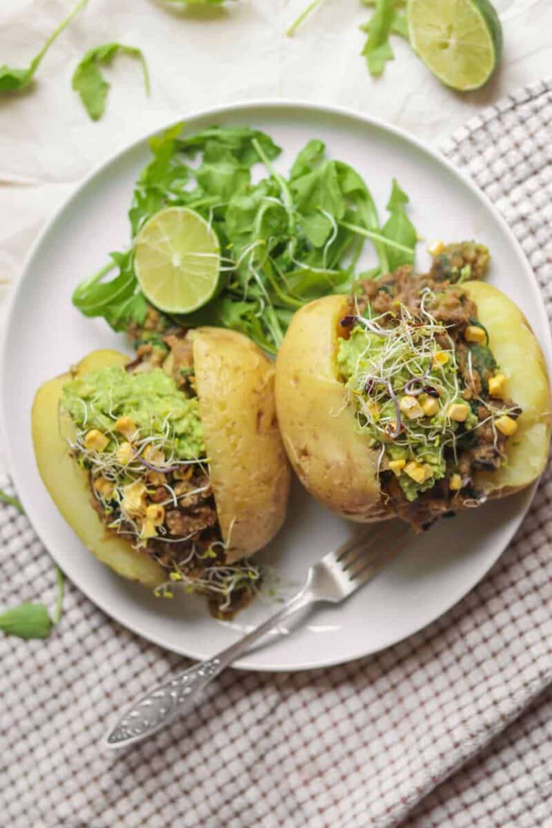 Vegan jacket potatoes with lentils, avocado and sweetcorn