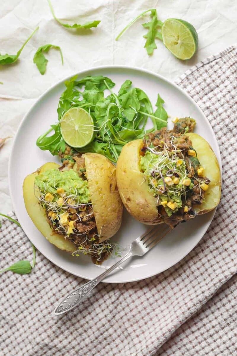 Simple baked potatoes with one-pot lentils