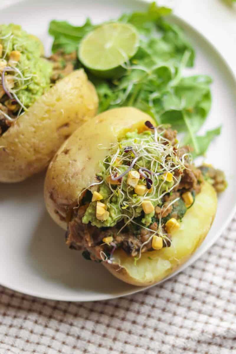 Simple baked potatoes with a lentil filling and avocado 