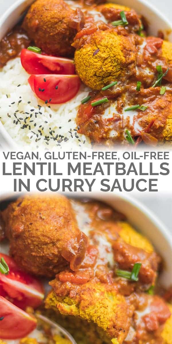 gluten-free oil-free vegan meatballs in curry sauce Pinterest