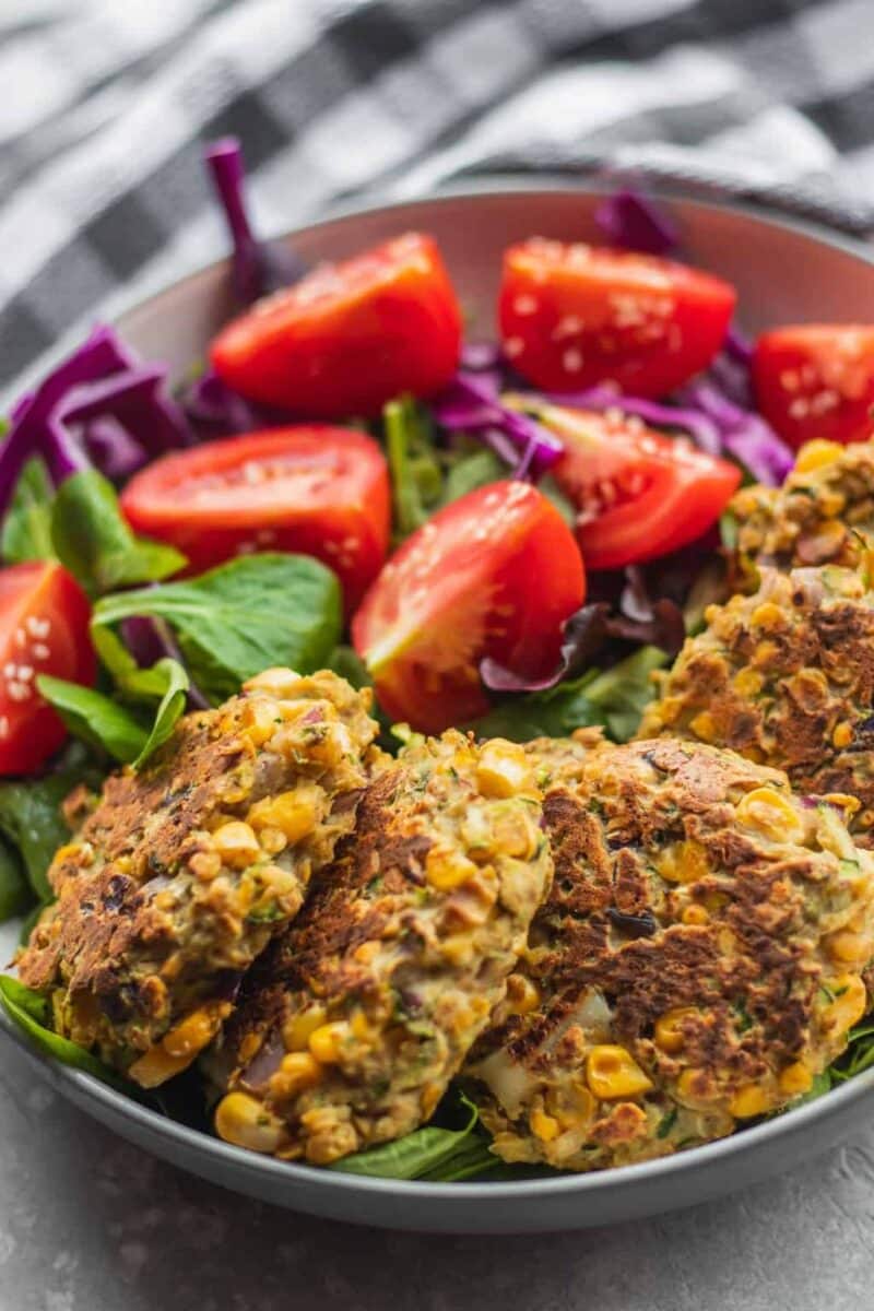 Vegan zucchini fritters with sweetcorn and red lentils