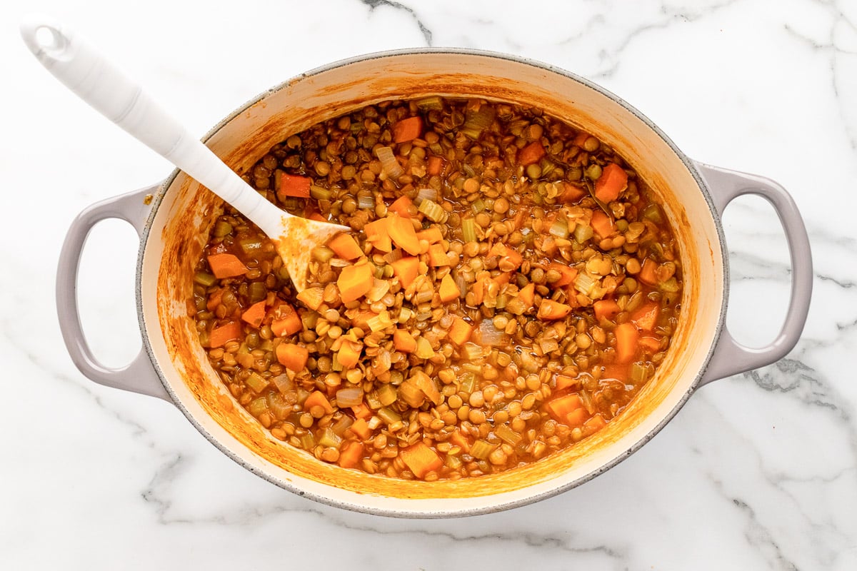 crock full of greek lentil soup with serving spoon