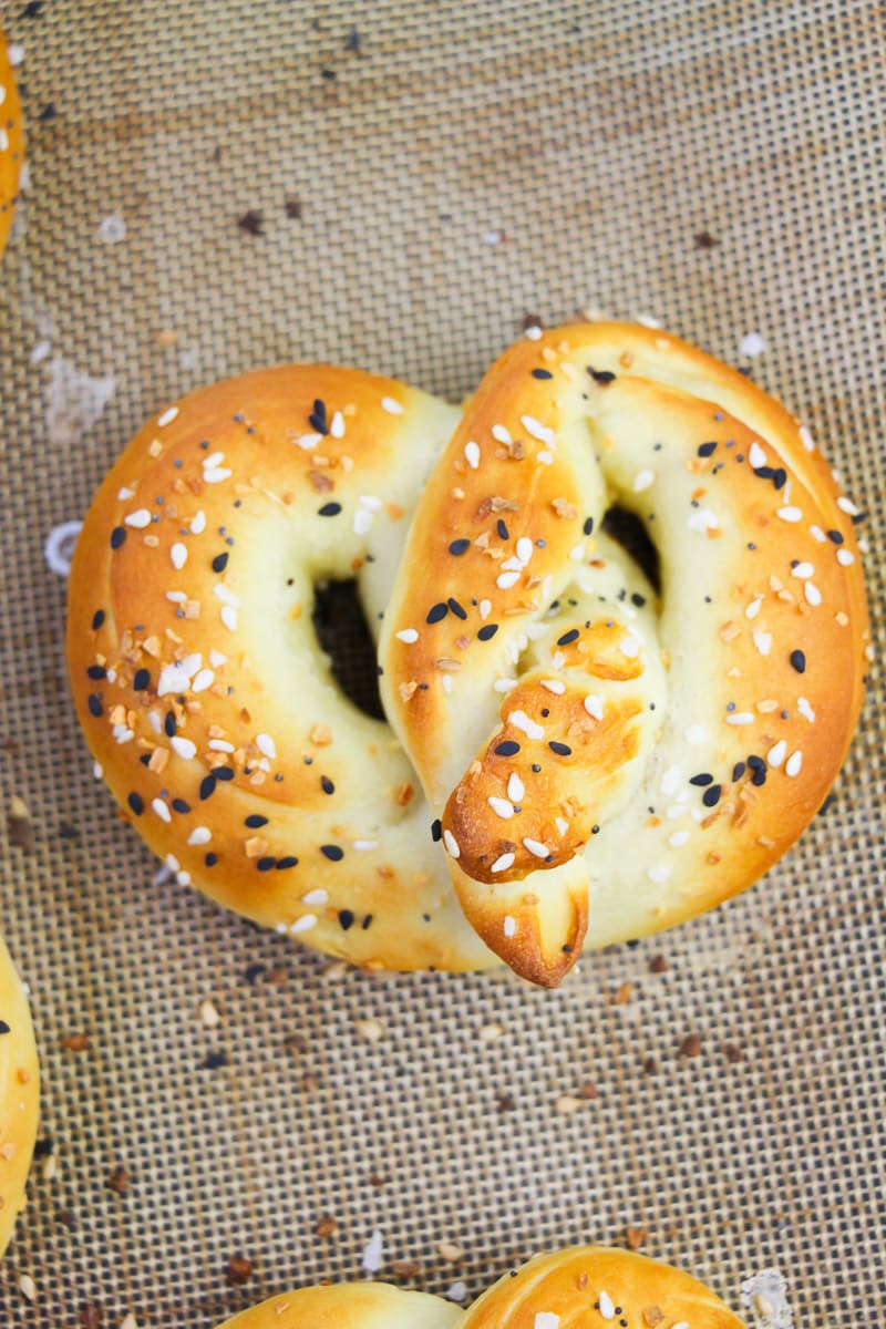 baked homemade soft pretzel with seasoning