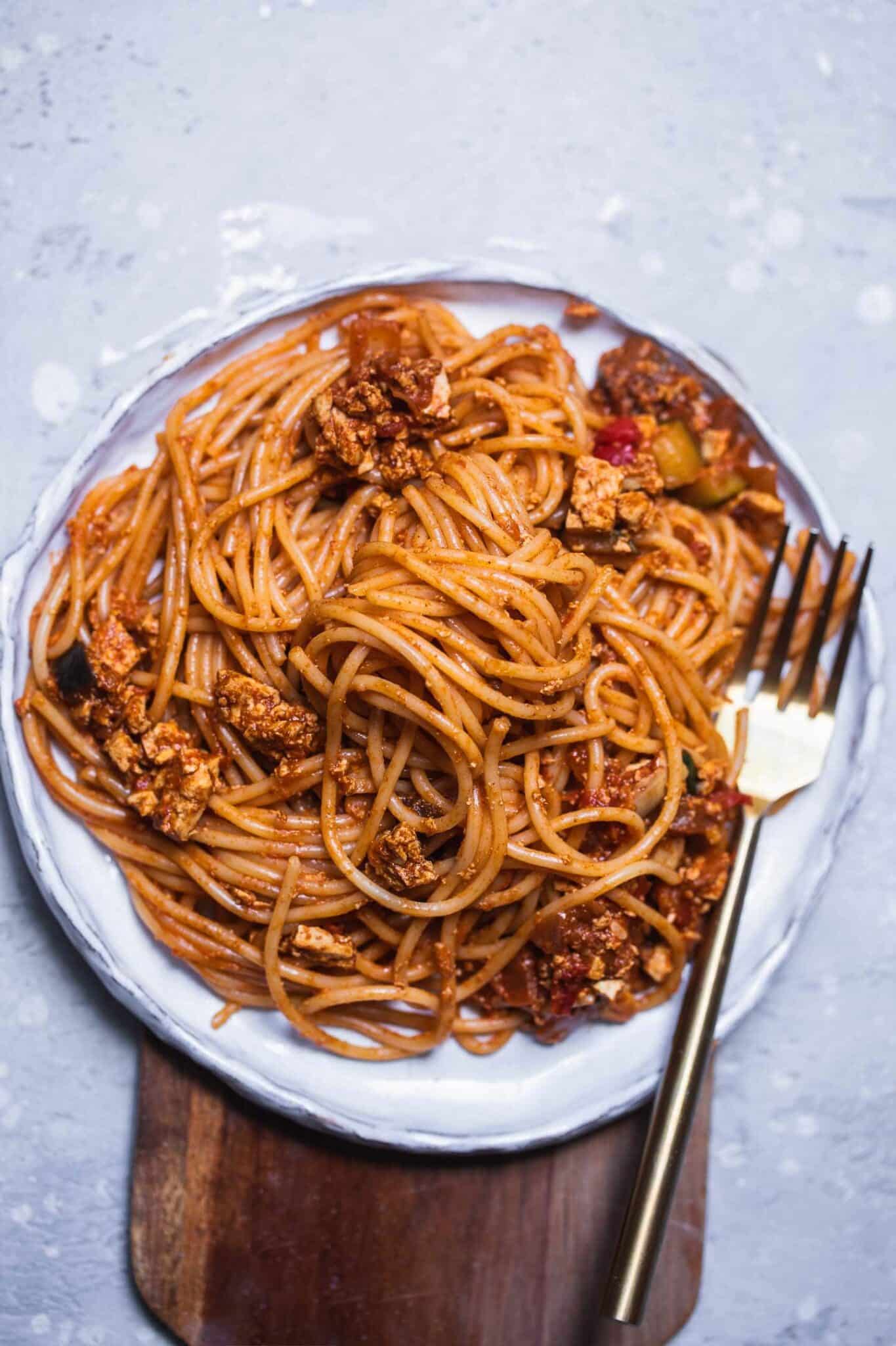 vegan eggplant pasta with crumbled tofu