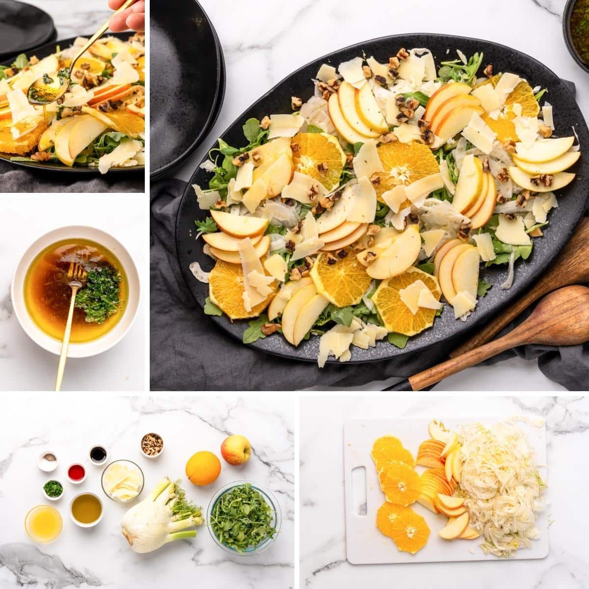 collage showing the shaved fennel salad being prepared in my kitchen