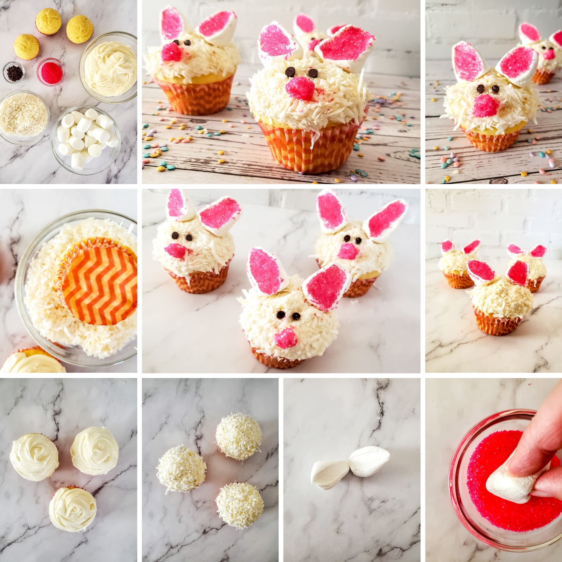 collage showing step by step how to decorate the easter bunny cupcakes