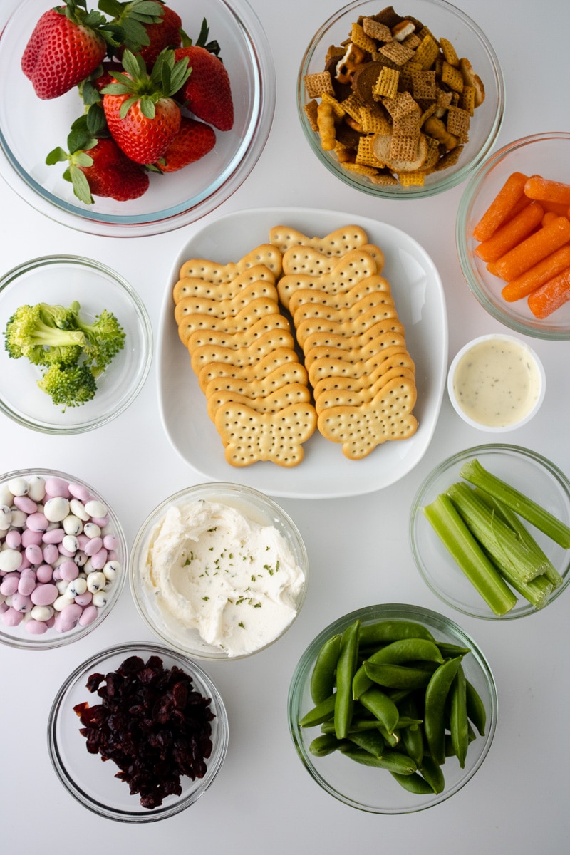 veggie tray ingredients on a cutting board