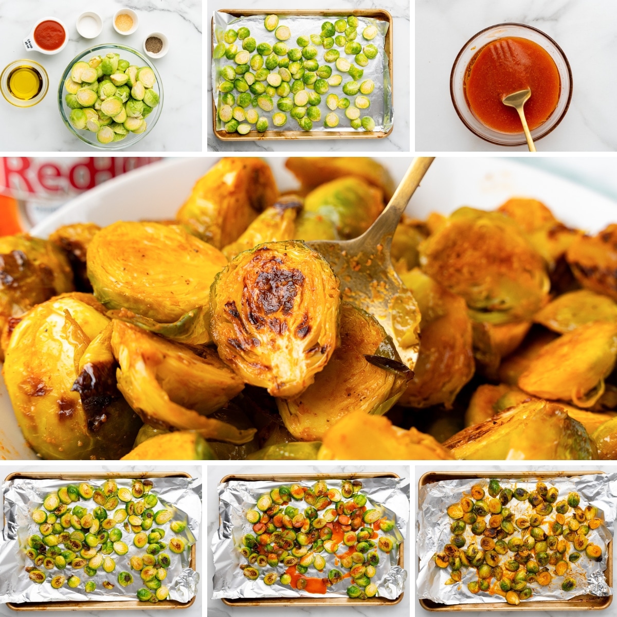 collage showing the buffalo brussels sprouts being prepared 