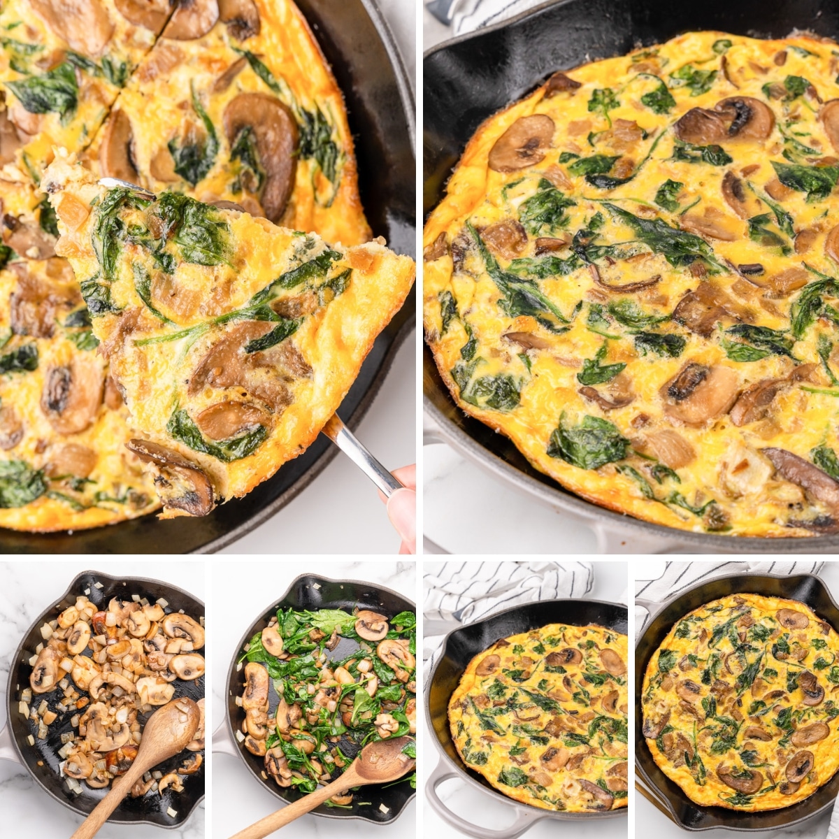 step by step pictures of the spinach mushroom frittata being made