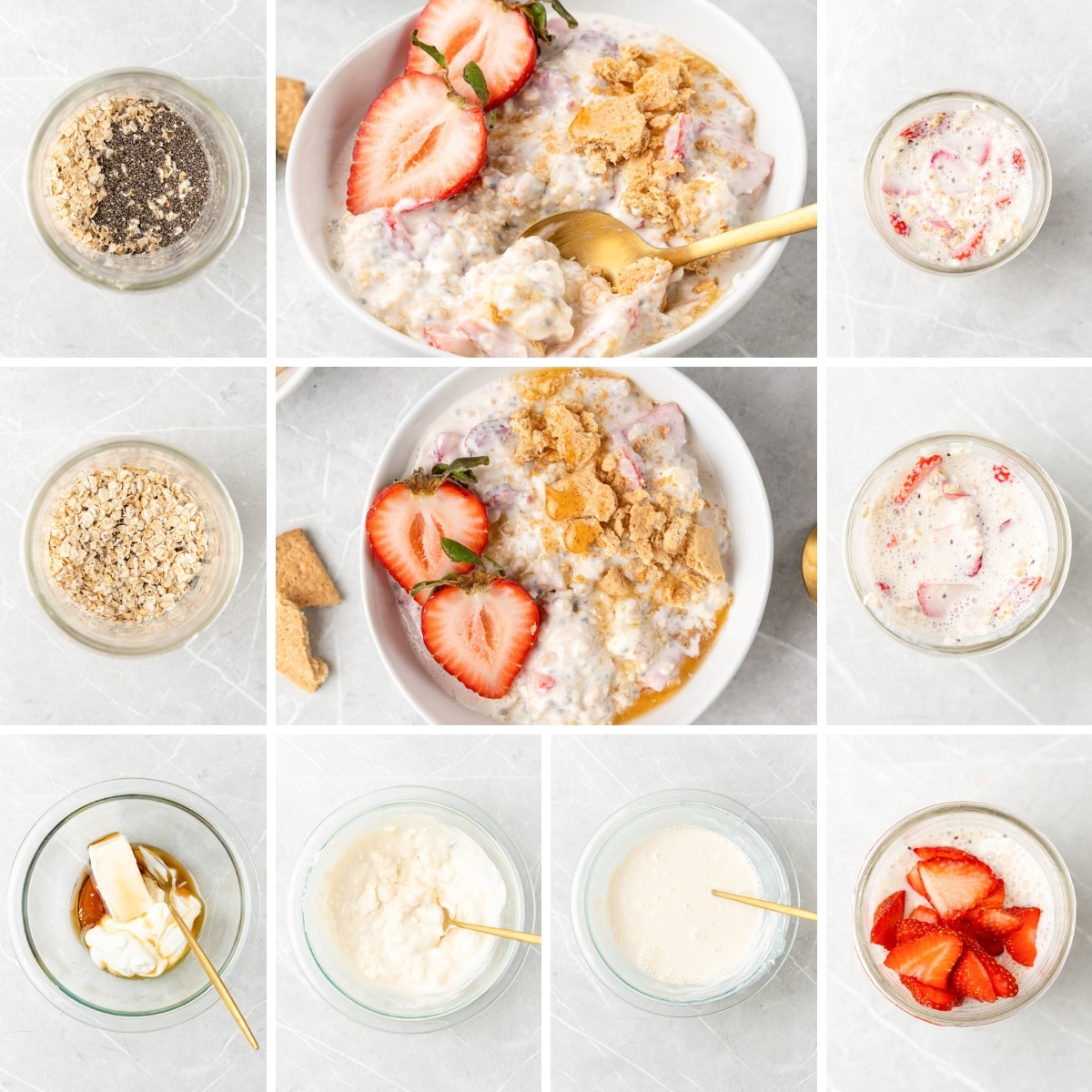collage showing the overnight oats being prepared