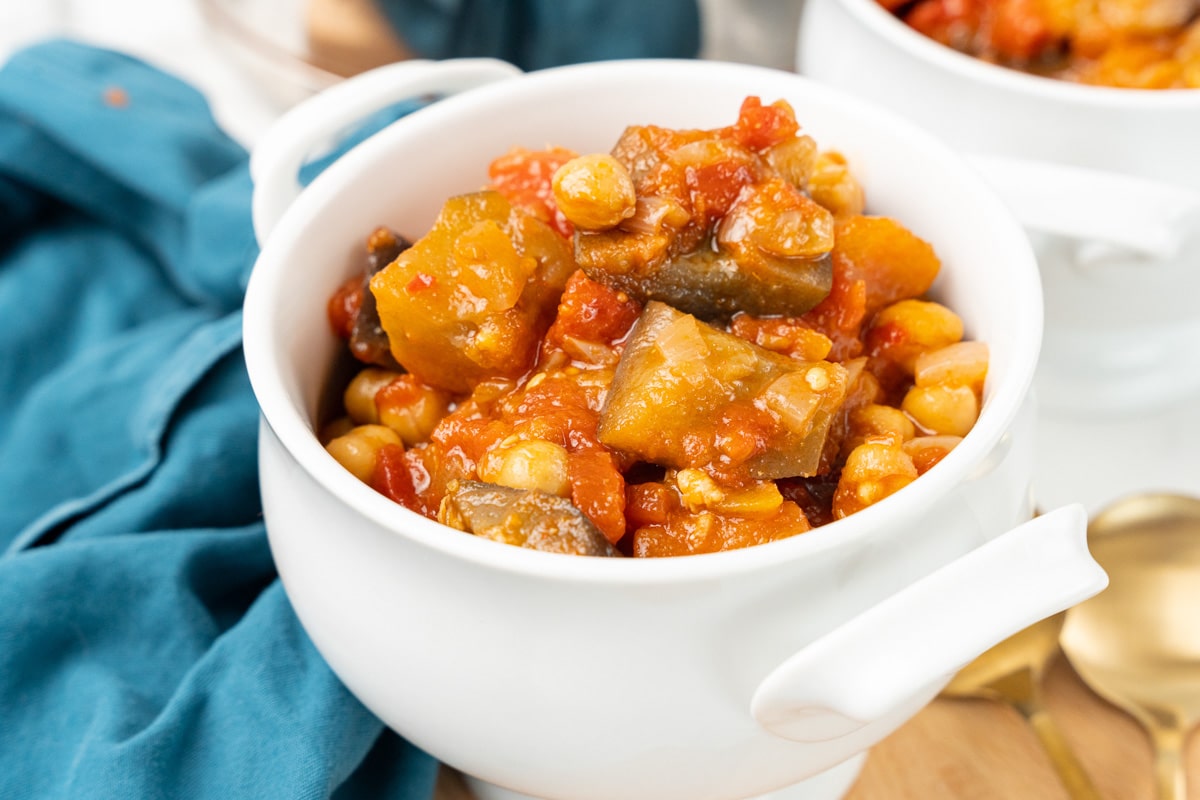 eggplant stew in a white bowl