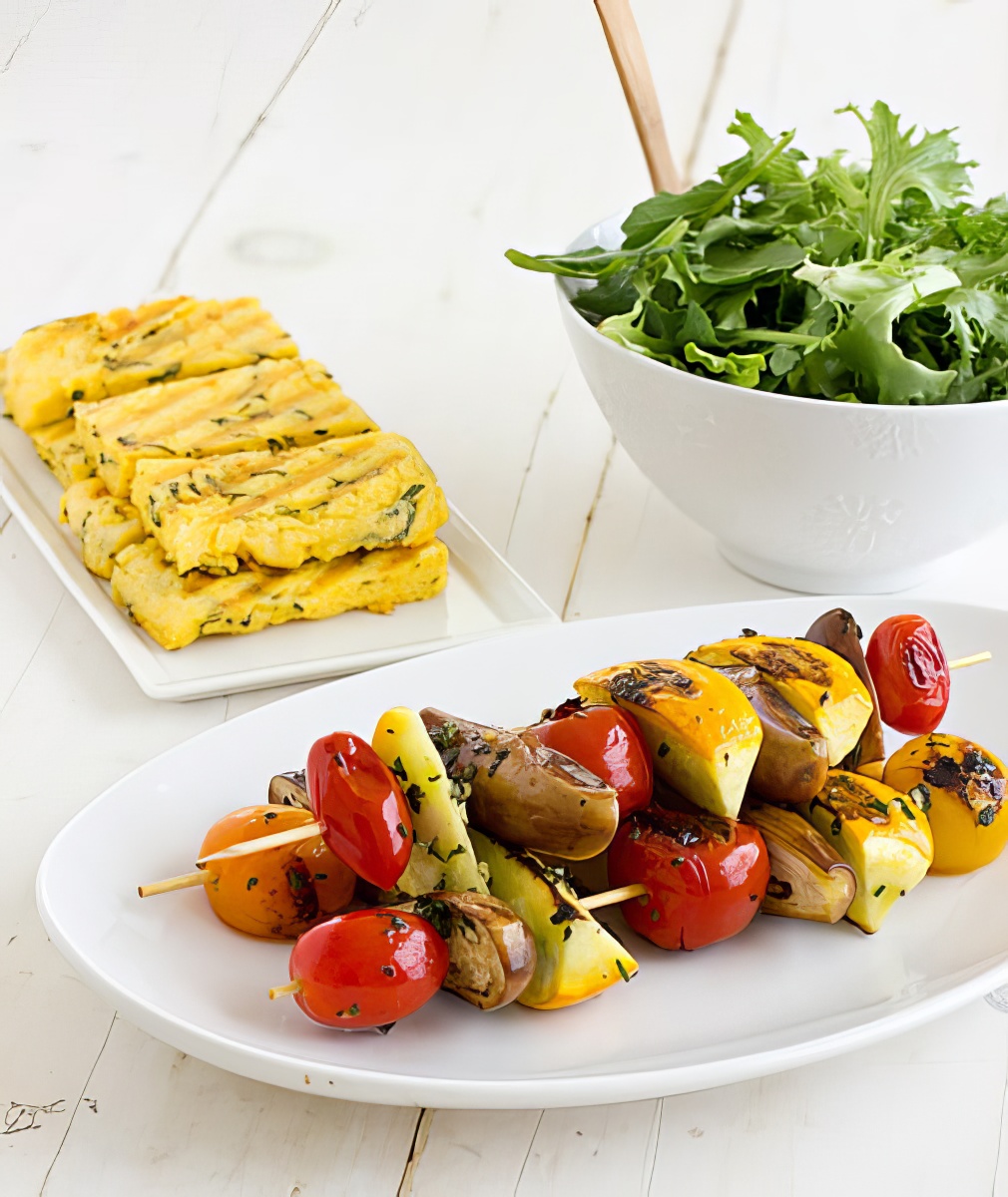 grilled veggie skewers and grilled parmesan basil polenta