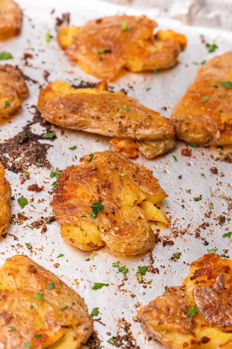 closeup of smashed fingerling potatoes