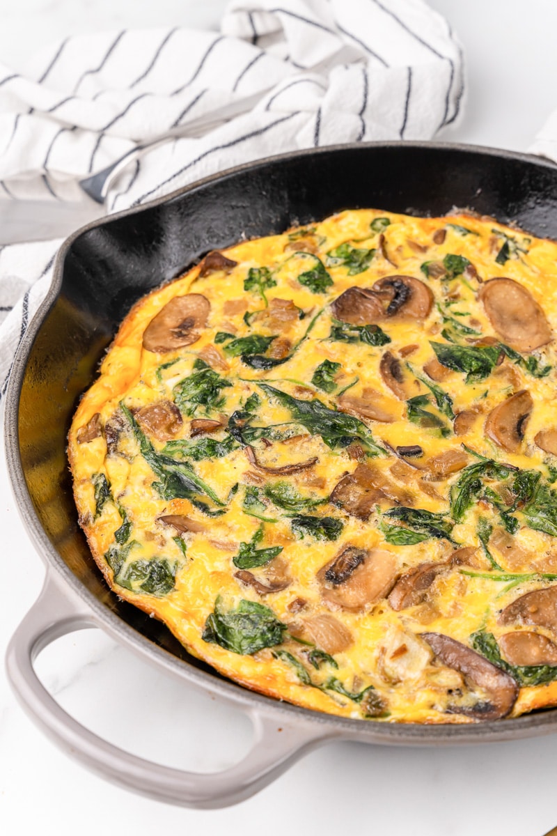 close of vegetable frittata with mushrooms and spinach