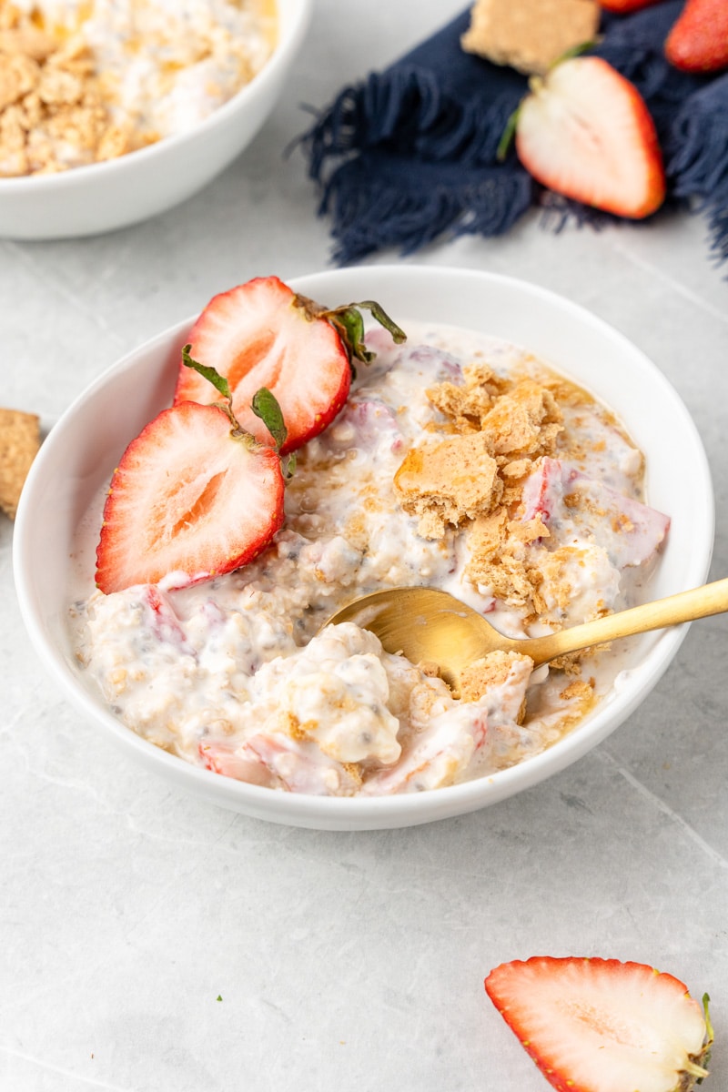 overnight oats being served in a white bowl