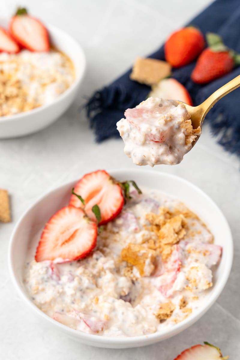 overnight oats being served in a white bowl