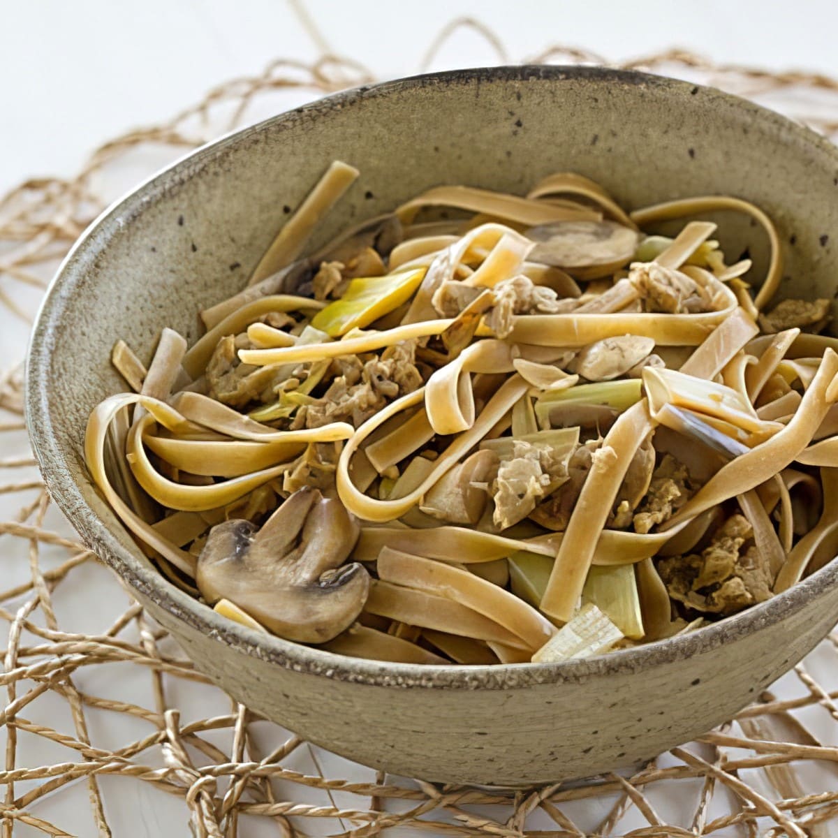 wild mushroom fettucine with vegan sausage