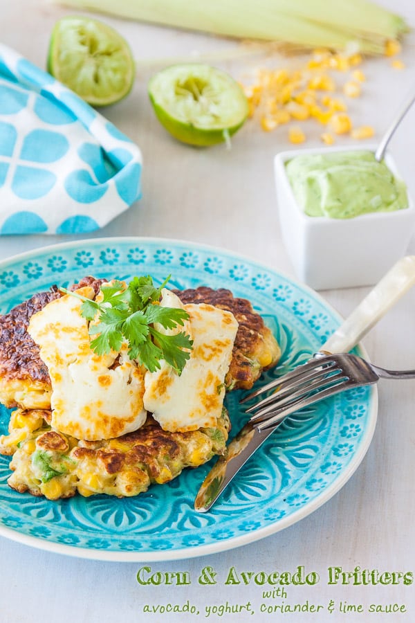 Corn and Avocado Fritters recipe with Avocado Yoghurt Coriander Lime Sauce | deliciouseveryday.com Click for the recipe