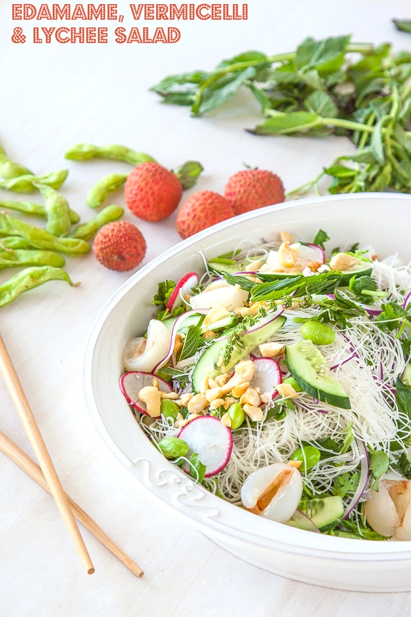 rice noodle and edamame salad being served