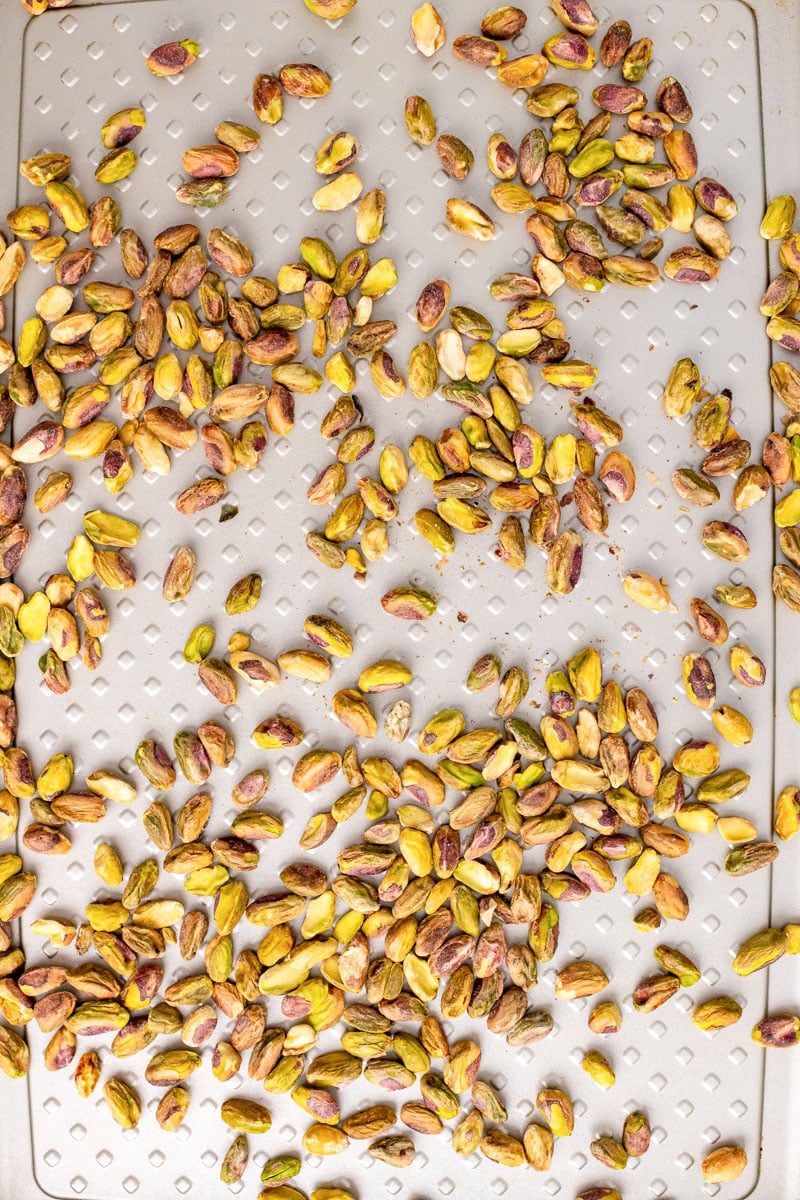 close up tray of roasted pistachios