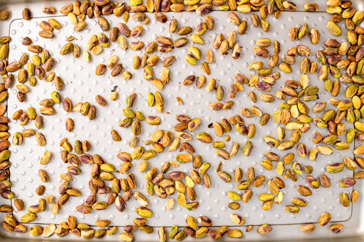wide view of tray of roasted pistachios