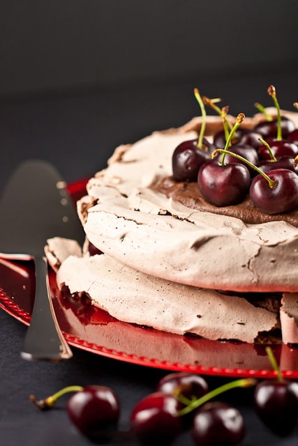 black forest pavlova with dark chocolate and cherries