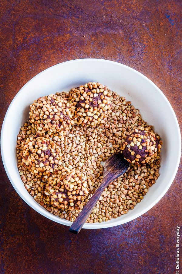 Tahini Caramel Buckwheat Balls - raw, vegan, gluten free and nut free. A wonderful healthy treat for this Easter | Get the recipe at DeliciousEveryday.com