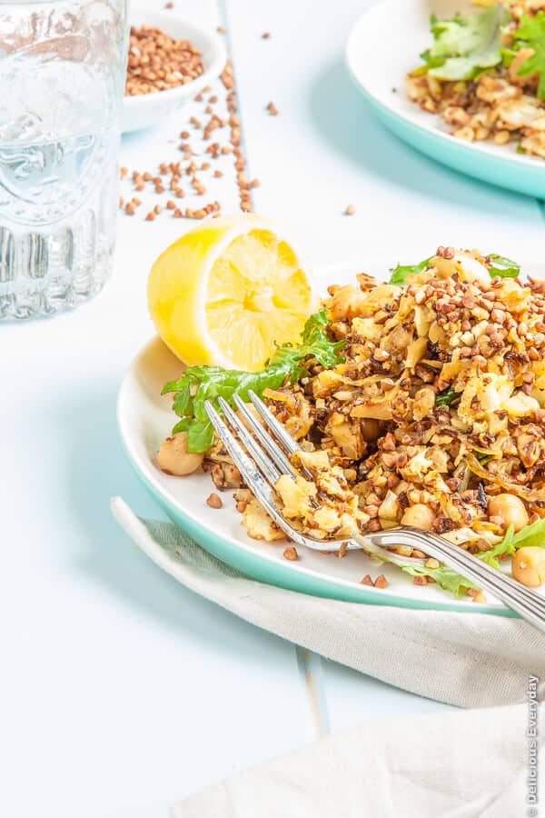 Cauliflower Salad recipe with Chickpeas Cumin Baby Kale and Toasted Buckwheat - vegan and gluten free | DeliciousEveryday.com