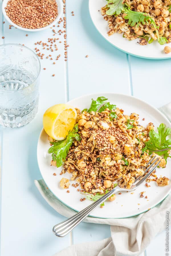 Cauliflower Salad recipe with Chickpeas Cumin Baby Kale and Toasted Buckwheat - vegan and gluten free | DeliciousEveryday.com