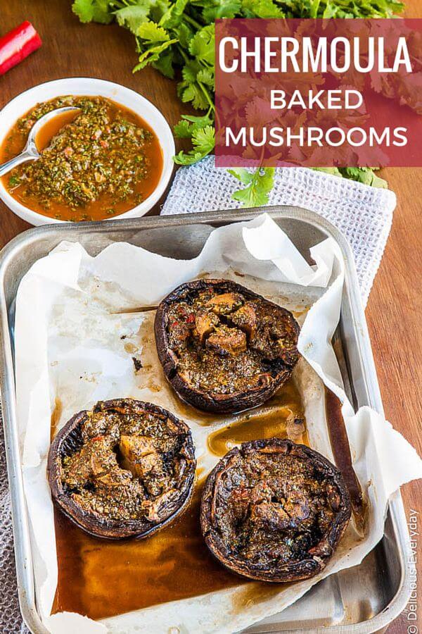 Chermoula Baked Mushrooms recipe - juicy portobello mushrooms become soft, juicy and utterly delicious when topped with chermoula and baked in the oven | DeliciousEveryday.com