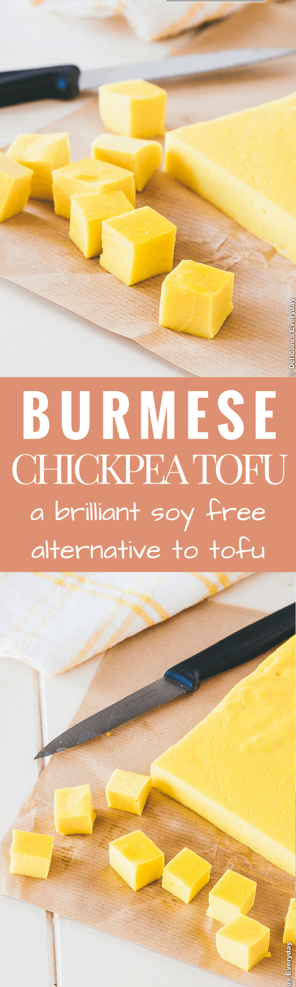 Looking for a soy free alternative to tofu? This Burmese Chickpea Tofu is easy to make and is a healthy and delicious source of protein. Great in salads, stir fries and soups. | Get the recipe at Delicious Everyday
