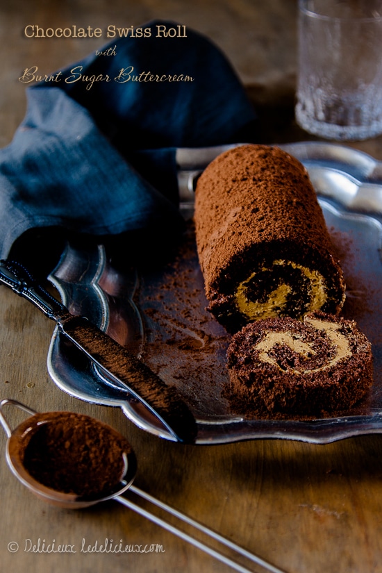 Chocolate Roulade (swiss roll) with Burnt Sugar Buttercream filling | via deliciouseveryday.com